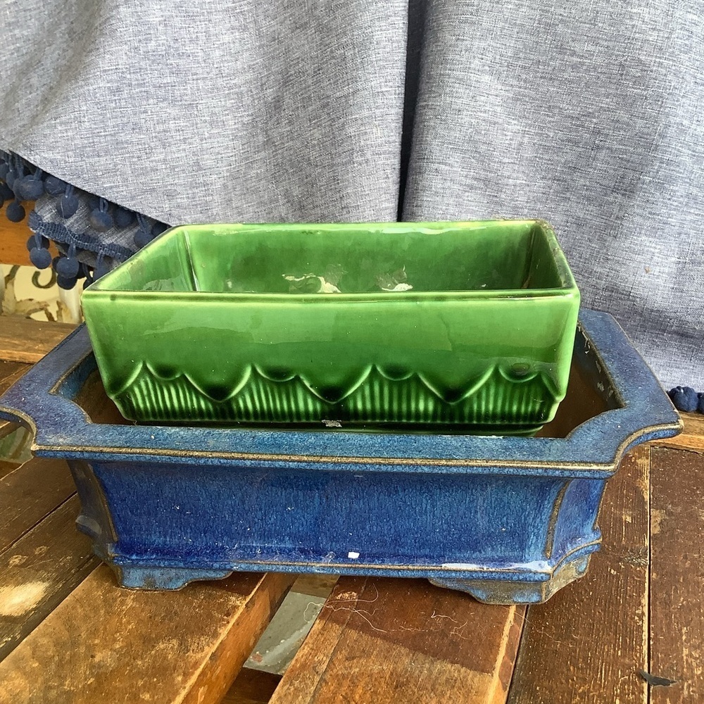 Two Vintage Green Indigo Blue Pottery Planters